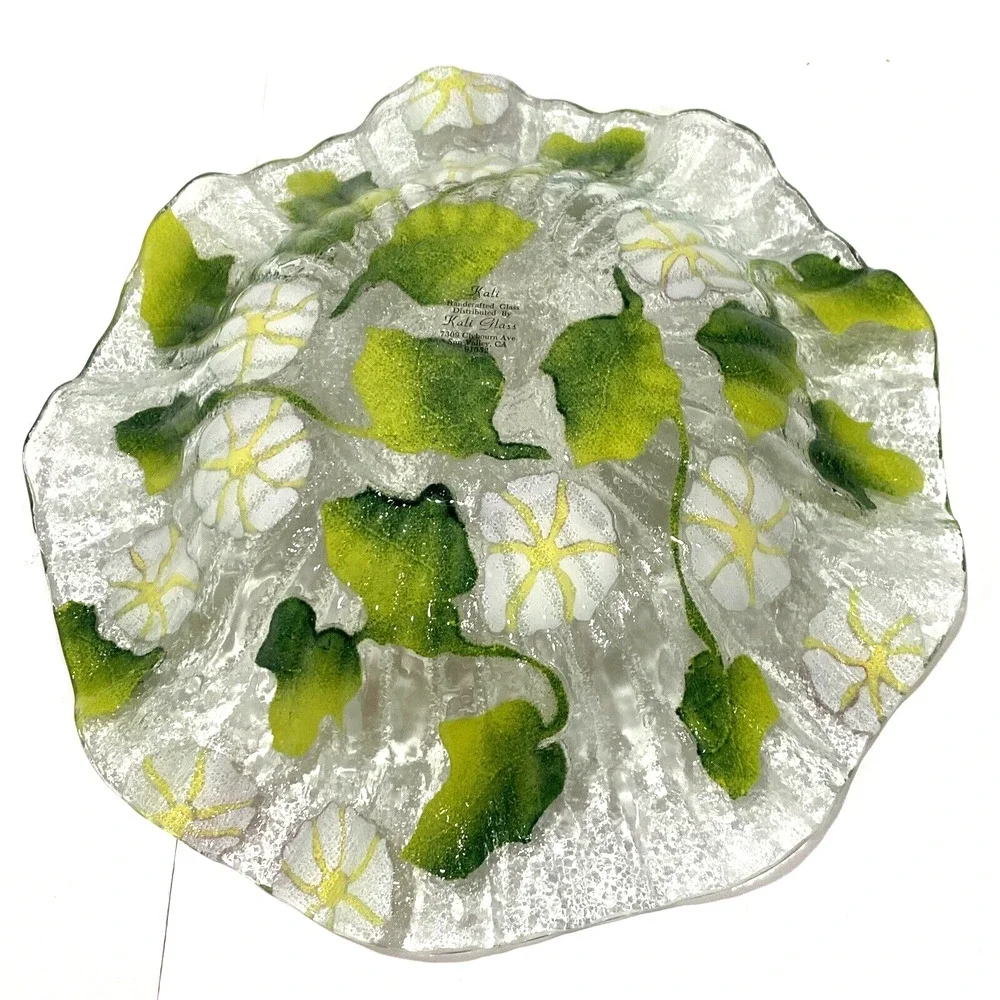 Kali Studio Fused Art Glass Pink & Green Floral Fruit Bowl Ruffle Edge Dish Bowl